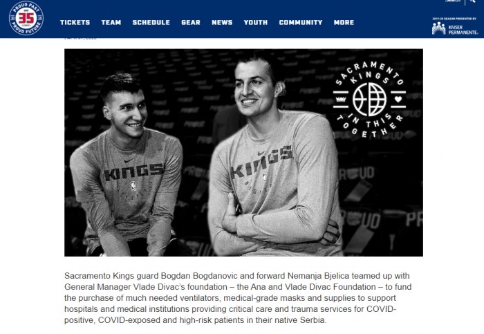 Sacramento Kings Players Bogdan Bogdanovic and Nemanja Bjelica Join Ana and Vlade Divac Foundation to Donate Medical Supplies to  Serbian Medical Community
