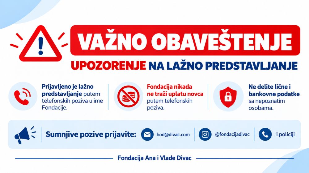 Fondacija Ana i Vlade Divac upozorava građane na pokušaje prevare i lažno predstavljanje u njeno ime